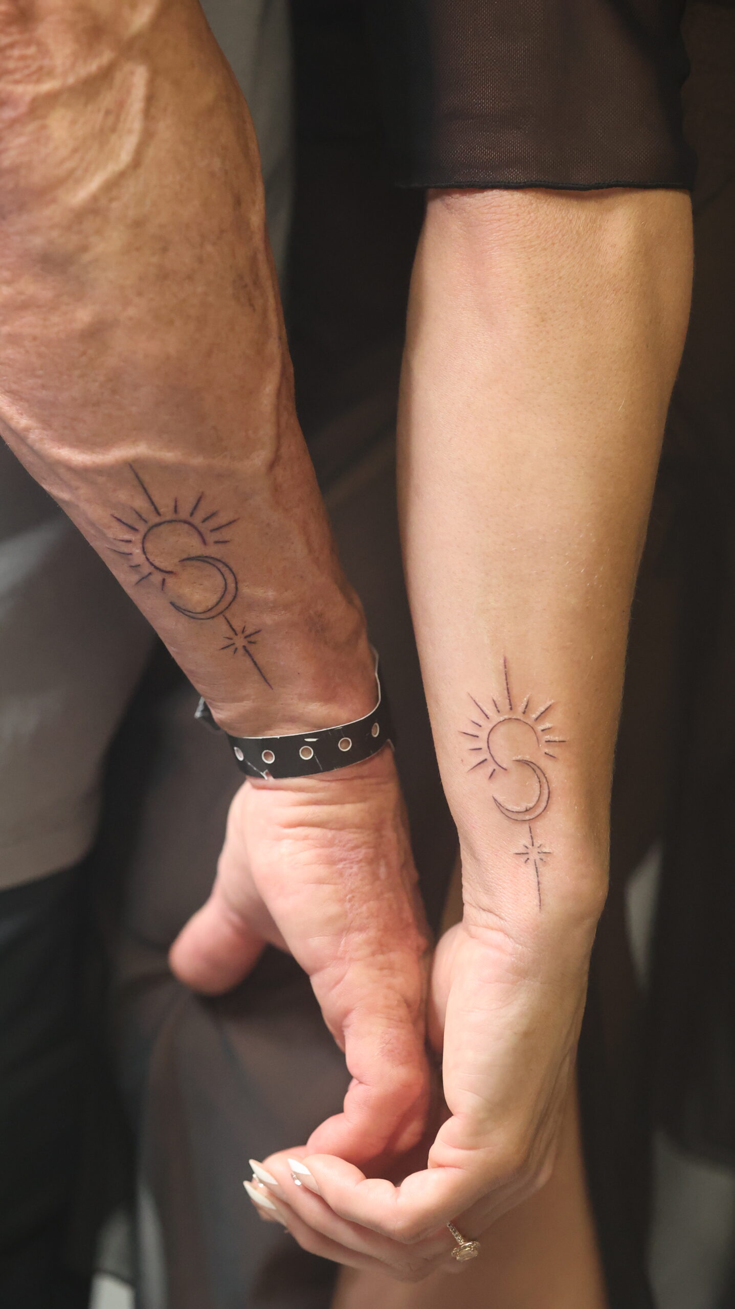 Pangea Ink couples matching sun moon wrist tattoos