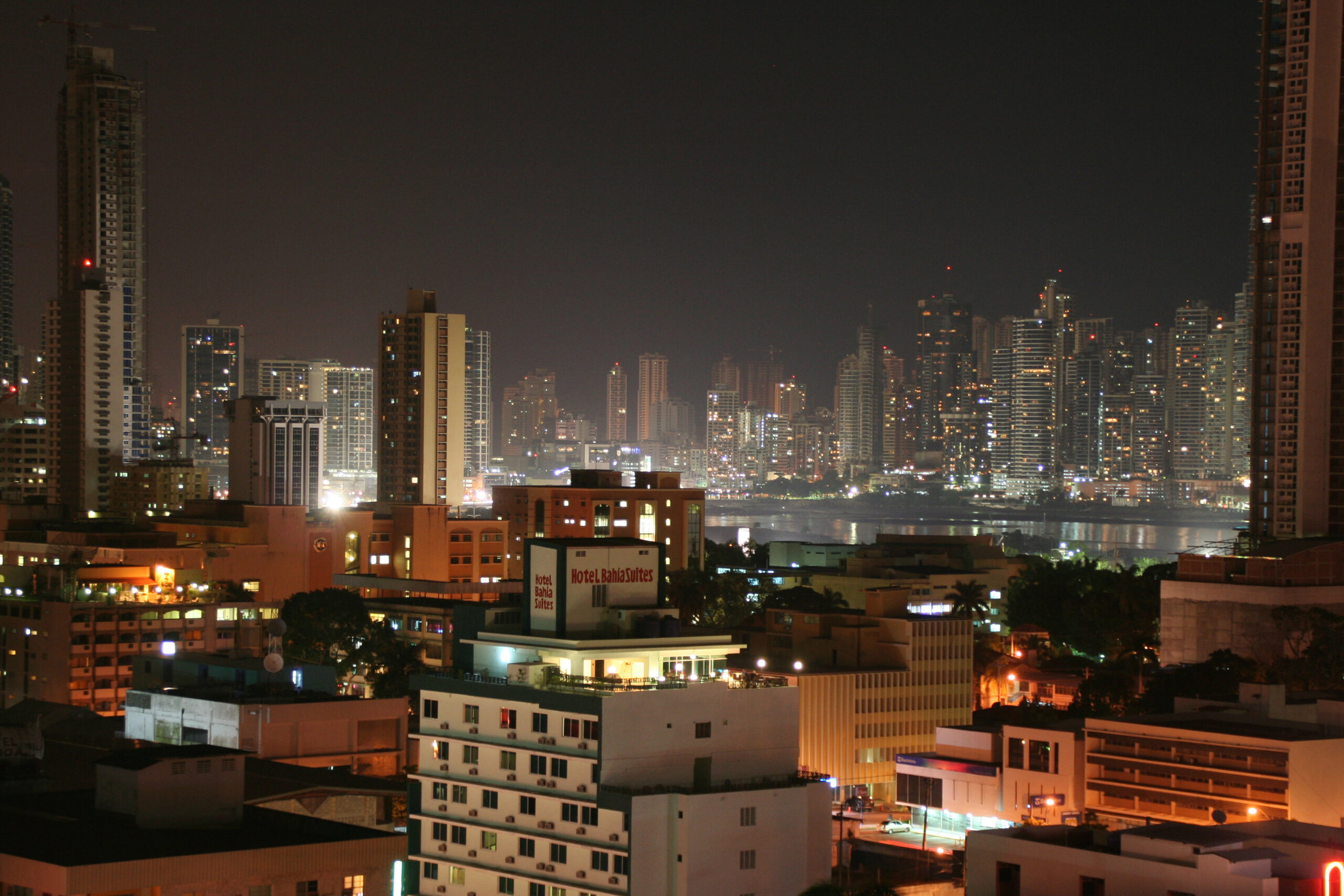 Rooftop bar cocktails city view Casco Viejo Panama night